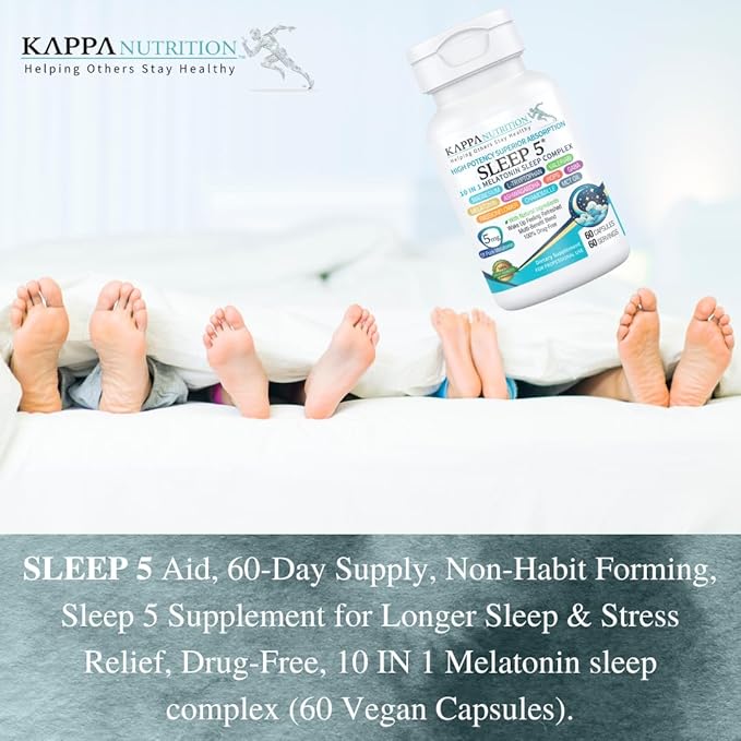 KAPPA NUTRITION Sleep 5, Sleep Aid, 5mg of Melatonin, 60-Day Supply, Non-Habit Forming Vegan Capsules Natural Ingredients for Easier Bedtime, Herbal Supplement, Valerian Root, Chamomile Non-GMO