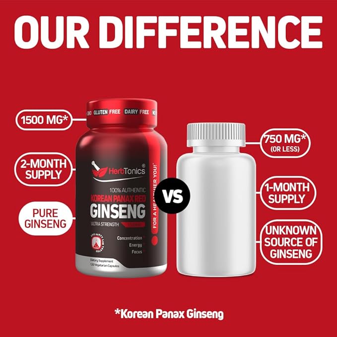 Herbtonics Korean Red Panax Ginseng 1500mg - High Potency Ginseng for Energy, Performance & Immune Support for Men & Women - Ginseng Root Extract Powder Supplement for Focus and Vitality -240 Capsules