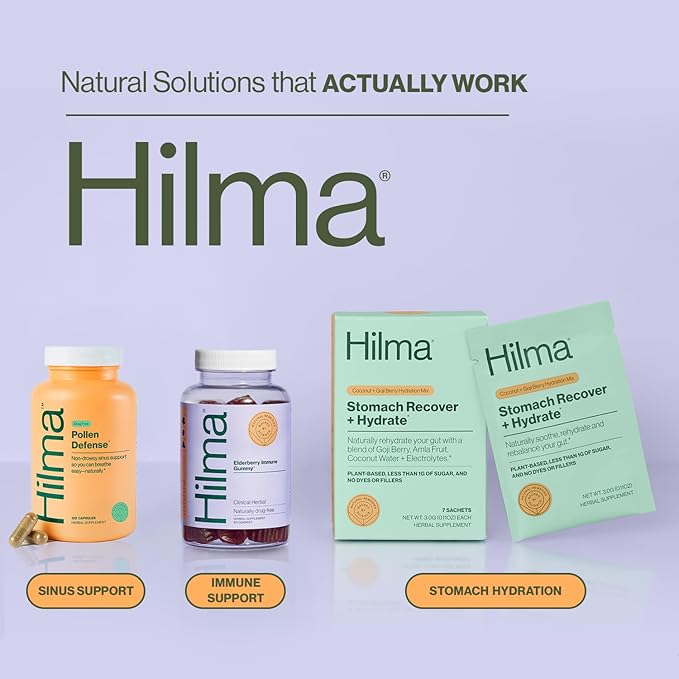 Hilma Natural Sinus Support, All Day Allergy and Sinus Relief from Pollen and Dust w/Butterbur, Stinging Nettles and Spirulina, Non-Drowsy, Organic, Clinically Proven Ingredients, 120 Vegan Capsules