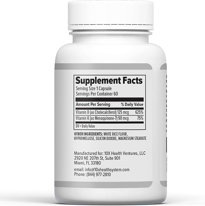 10X Health Vitamin D3 5000 IU & K2 MK7 - Menaquinone 7, High-Potency D3 K2 Vitamin Supplement for Bone Health, Heart and Teeth - 125 mcg Vitamin D & 90 mcg Vitamin K2-60 Capsules