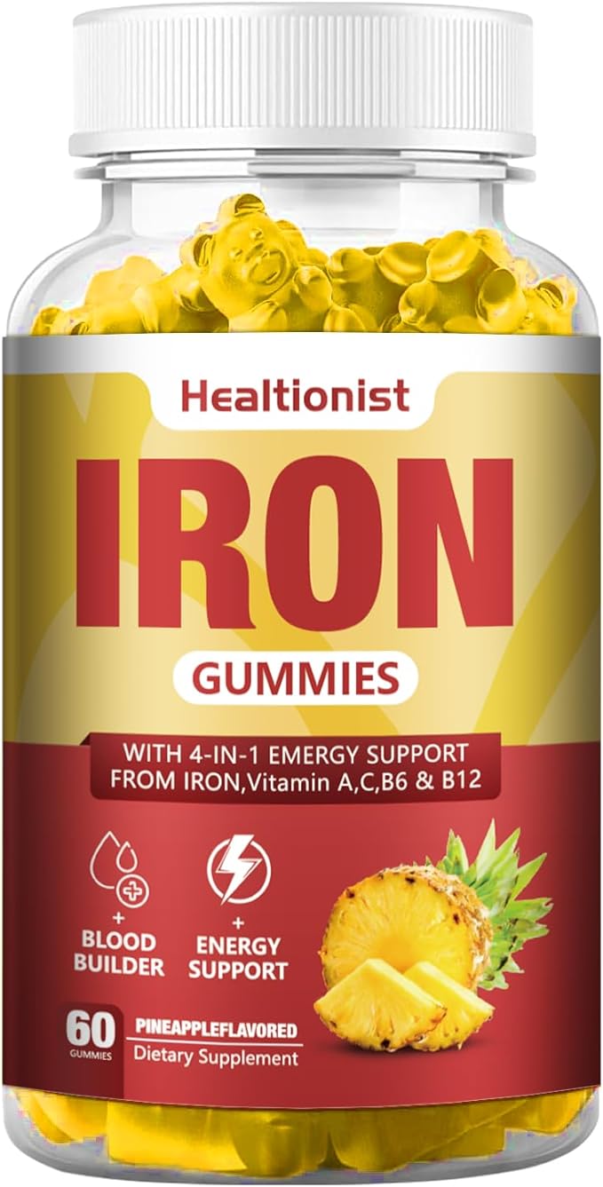 1 Pack Vegan 100Mg Iron Supplements Gummies for Women & Men - Blood Builder & Energy Support for Iron Deficiency, Anemia - Vitamin C, A, B for Adults & Kids, 60 Counts Pineapple Flavor