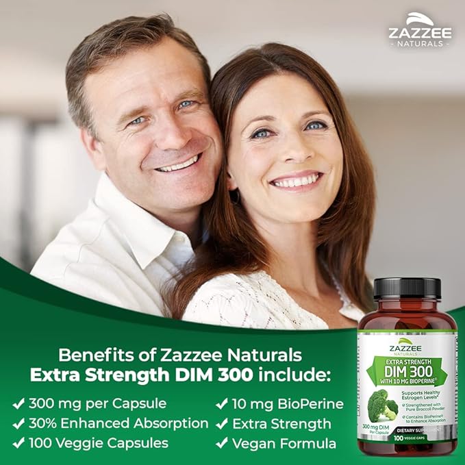 Zazzee Extra Strength DIM 300, 10 mg BioPerine and 300 mg DIM per Capsule, 100 Vegan Capsules, 3+ Month Supply, Plus Pure Organic Broccoli Extract, 100% Vegetarian, All-Natural and Non-GMO