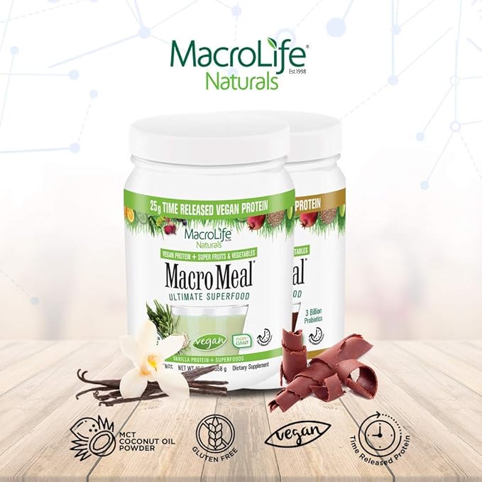 MacroLife Naturals MacroMeal Vegan Chocolate Protein Powder Superfood Greens Probiotics + Fiber, Immune Energy Digestive Daily Essentials for Women & Men Gluten-Free - 23.8oz (15 Servings)