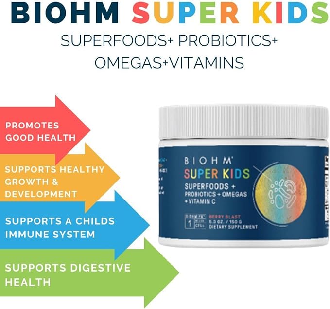BIOHM Super Kids Superfood Powder Plus Probiotics, (5.3 Oz, 30 Servings) Delicious Berry Blast, Antioxidants, Omega 3 & Vitamin C, Non-GMO, Dairy Free, No Artificial Ingredients, Vegetarian, Ages 4+