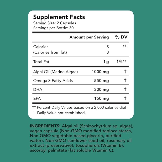 AMANDEAN Vegan Omega 3 Supplement. Premium Fish Oil Alternative. Algae DHA & EPA. Carrageenan Free Softgels. Algal Essential Fatty Acids. Plant Based Heart, Brain, Eye, Skin, Immune Support. (60ct)