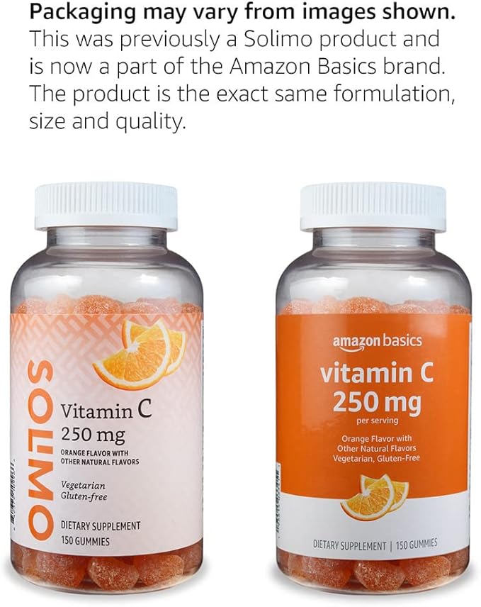 Amazon Basics Vitamin C 250 mg Gummies, Orange, 150 Count (2 per Serving), Immune Health (Previously Solimo)