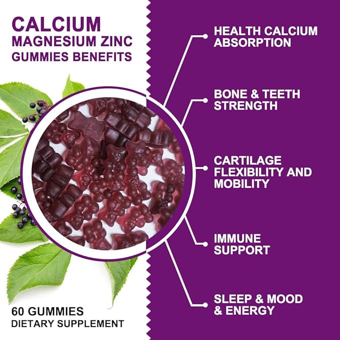 Calcium Magnesium Zinc Gummies with High Absorption Magnesium, Potassium, D3 - for Bone, Muscles, Immune & Sleep Support, Vegan