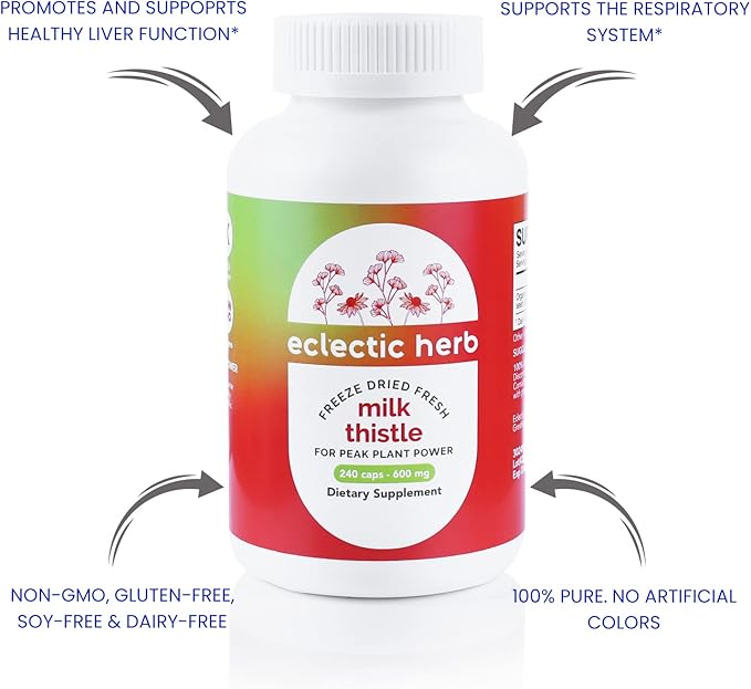 Eclectic Herb - Premium Freeze Dried Milk Thistle Capsules | Dietary Supplement | Liver Support, Detox, Cleanse + Maintain | Natural, Non-GMO, Vegan (240 CT | 600 mg)