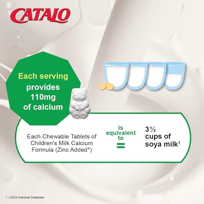 CATALO Children's Milk Calcium Formula with Zinc - 50 Bear-Shaped Chewable Tablets, Supports Bone Growth & Teeth Development, TruCal Calcium, Vanilla Flavor