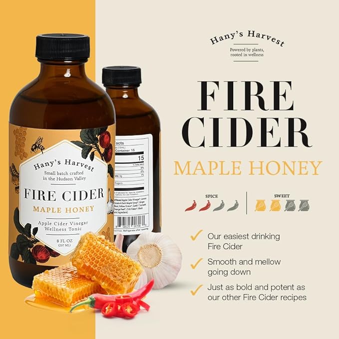 Hany's Harvest Maple Honey Fire Cider – 8 fl oz Glass Bottle | All-Natural, Small-Batch, Handcrafted, Non-GMO, Gluten-Free, Immune & Digestive Support