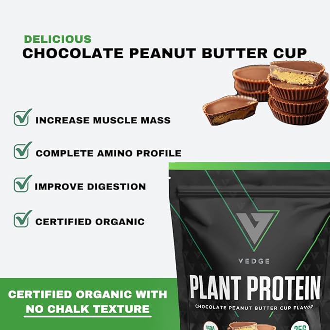vedge Certified Organic Plant Protein Chocolate Peanut Butter Cup (20 Servings) - Plant-Based Vegan Protein Powder, USDA Organic, Gluten Free, Non Dairy Nutrition Plant Protein