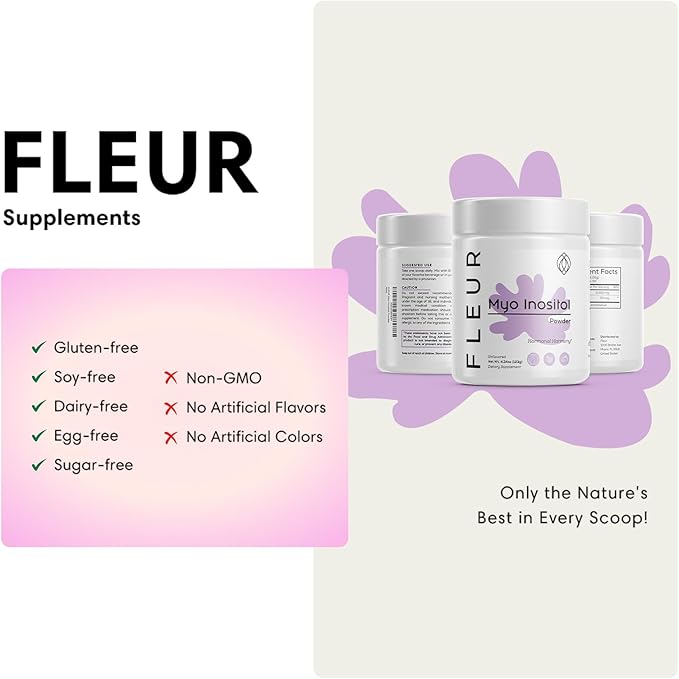 FLEUR Myo-Inositol & D-Chiro Inositol Powder, Hormone Balance and Ovarian Function Support for Women,Supplement for PCOS Symptom Relief, Regulates Menstrual Cycle, Unflavored, 4.34oz (123g)