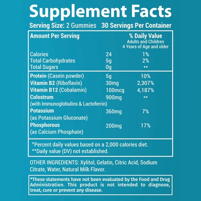 Colostrum Gummies for Kids Adults Elderly | Colostrum Milk Protein Gummies with Vitamin B Complex | Sugar Free 60 ct