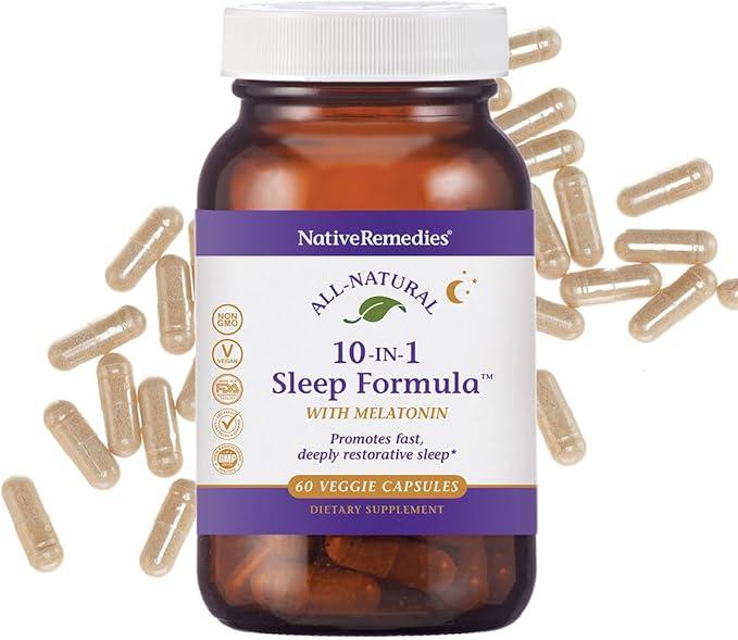 Native Remedies 10-in-1 Formula Natural Sleep Aid for Adults & Kids 4+ - Sleep Supplement with Melatonin 5mg, Magnesium, Valerian Root, Chamomile – Sleeping Aid Support, Non-GMO, Vegan - 60 Capsules