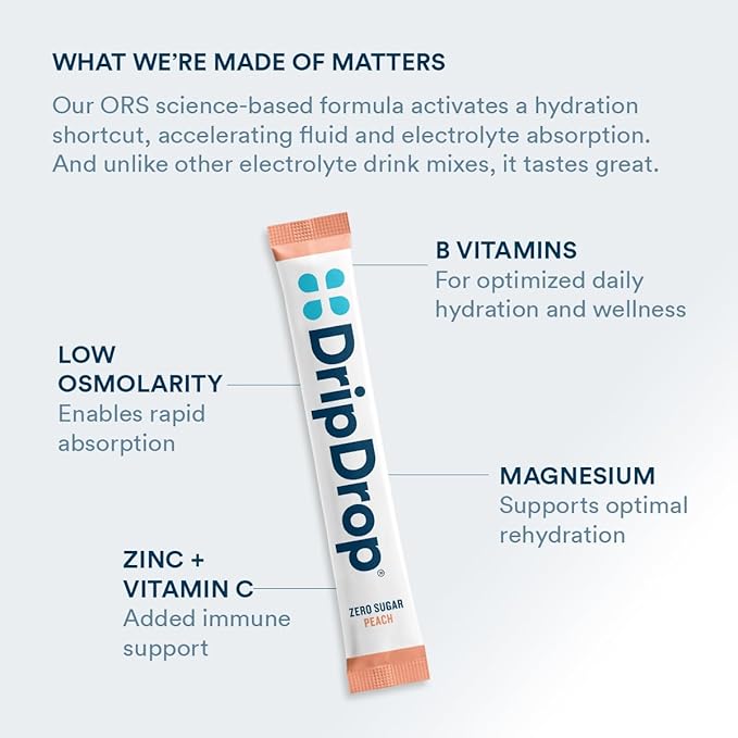 DripDrop Hydration - Zero Sugar Peach - Electrolyte Drink Mix Single Serve Hydration Powder Packets | Non-GMO, Gluten Free, Vegan | 32 Sticks