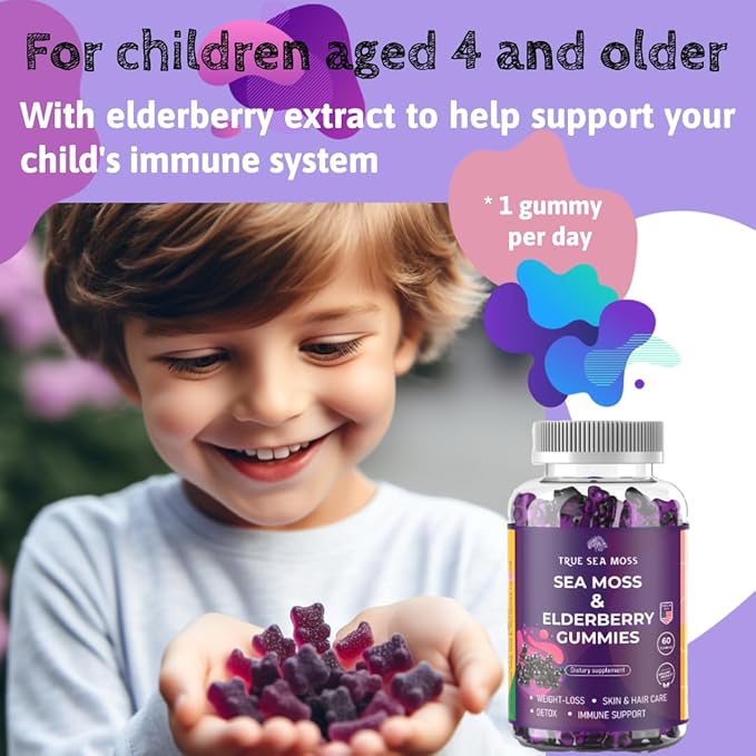 Sea Moss Elderberry Gummies with Magnesium, Burdock Root and Bladderwrack - Immune Support for Kids and Adults 60pcs - Bag Pack of 1