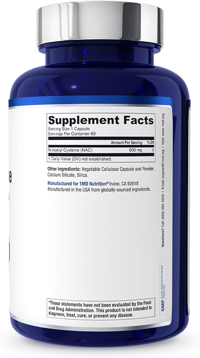 1MD Nutrition NAC Supplement N-Acetyl Cysteine - NAC 600 mg - Antioxidant Supplement Supports Detox and Glutathione Production - N Acetylcysteine Respiratory Supplement for Lung Health - 60 Capsules