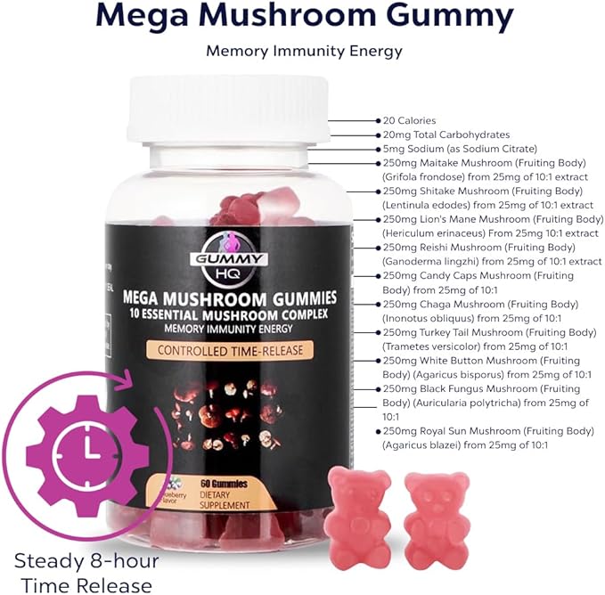 MAXIMIZE HQ Mushroom Gummies - 10 Origanically Grown Mushroom Formula - Time-Release Formula - Gluten Free