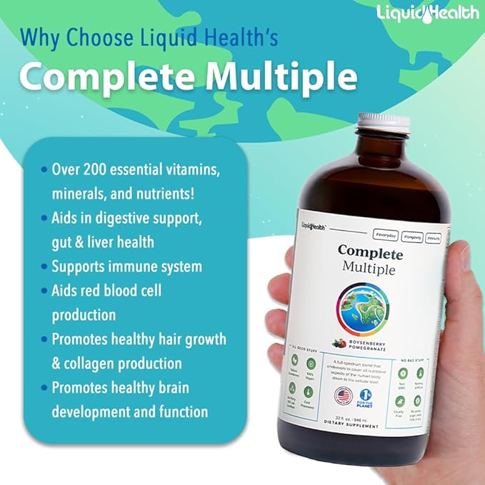 LIQUIDHEALTH Complete Multiple Adult Liquid Multivitamin - Essential Vitamins, Minerals & Nutrients, Immune Support, Gut Health, Energy, Detox - Great Taste, Vegan, Non-GMO, Sugar-Free (32 oz)