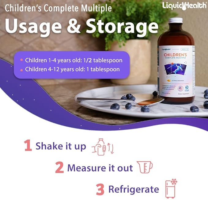 LIQUIDHEALTH Children's Complete Liquid Multivitamin for Kids, Toddlers - Essential Vitamins, Nutrients & Minerals, Immune Support, Gut Health - Great Taste, Vegan, Non GMO, Sugar-Free (16 oz)