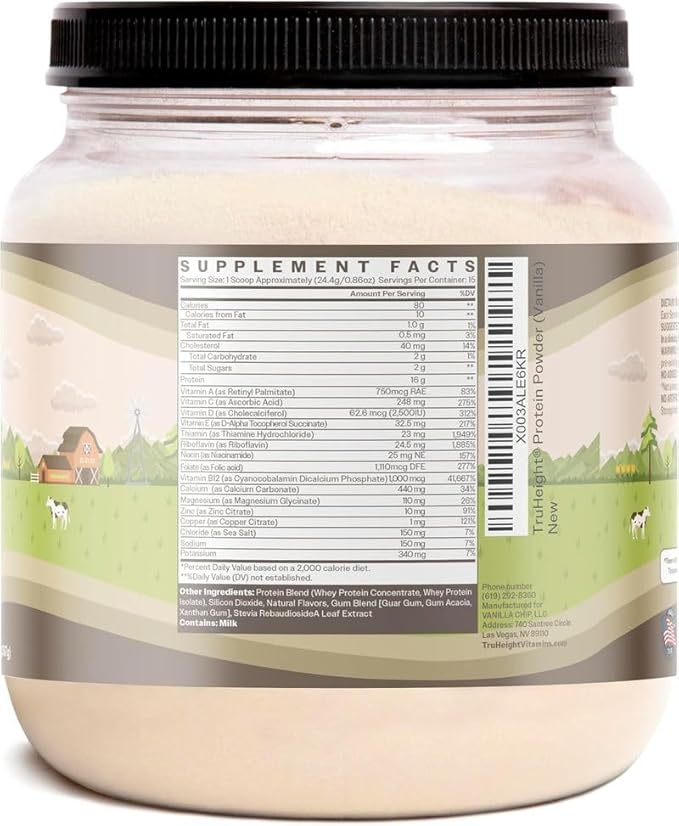 TruHeight Growth Protein Shake (Vanilla Ice Cream Flavor, Whey) Growth & Development Protein Powder for Kids & Teens - Weight Gain Drinks - Endorsed by Pediatricians, Picky Eater Vitamin, Ages 5+