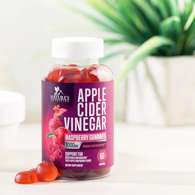 Vegan Apple Cider Vinegar Gummies 1000mg for Detox & Cleanse, ACV Gummy Vitamin B12 for Digestion Metabolism & Immune Health Support, Natural Apple Raspberry Flavor, Gluten Free - 60 Gummies
