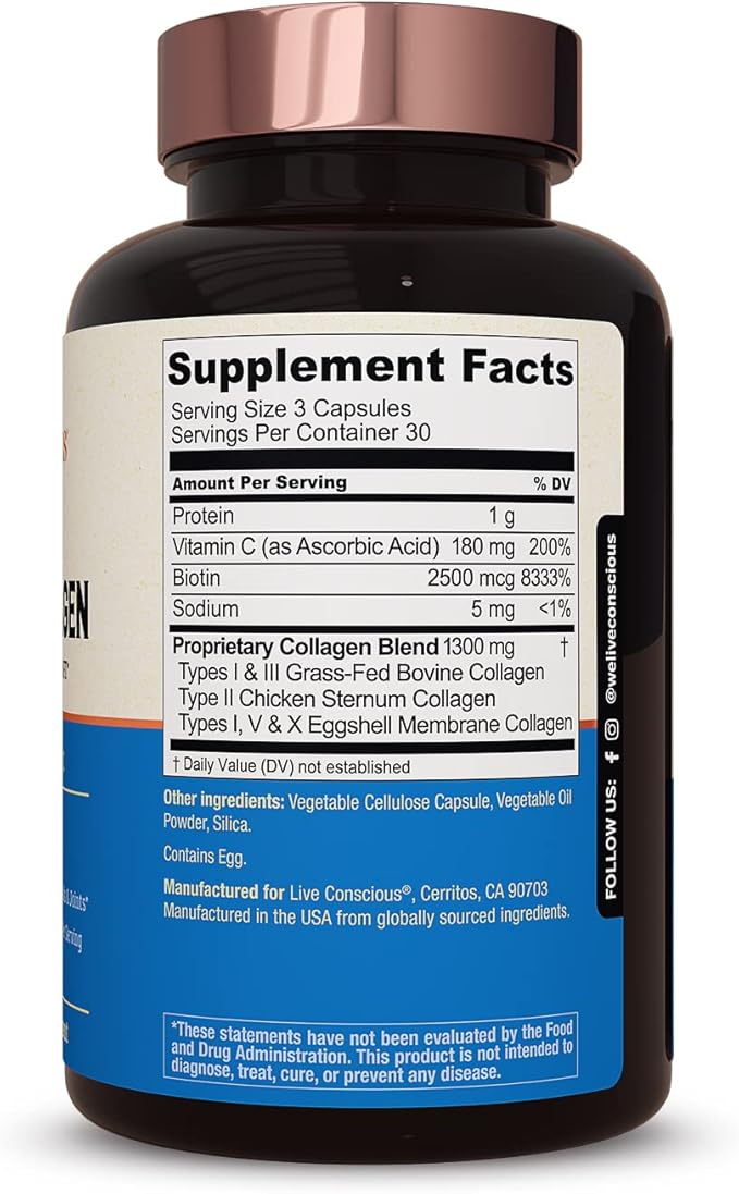 Live Conscious Beyond Collagen Multi Collagen Capsules - Types I, II, III, V & X - Hydrolyzed Blend with Biotin & Vitamin C for Hair, Skin, Nails 90 Capsules