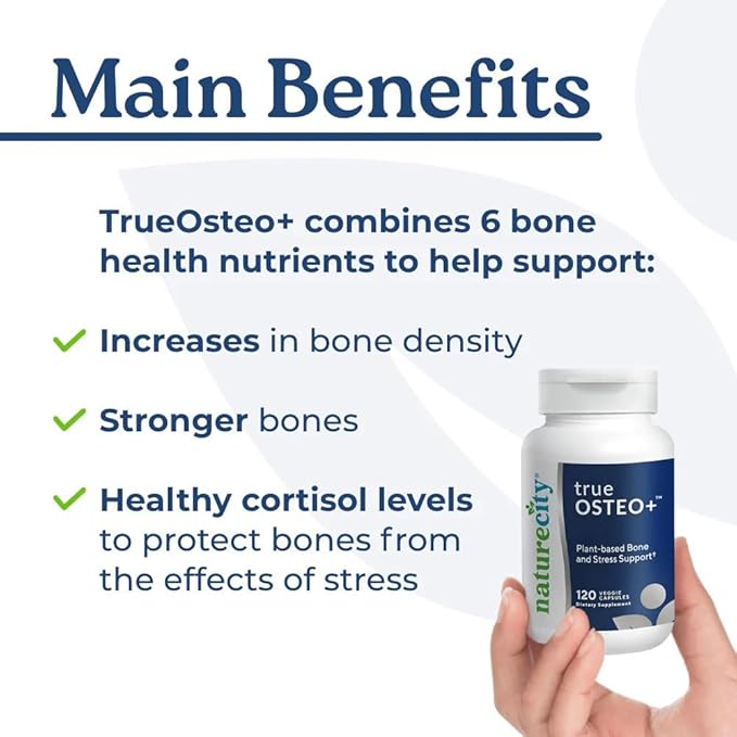 NatureCity True-Osteo+ Bone Support with Ashwagandha – for Strength & Density – Plant-Based Calcium with Organic AlgaeCal, Magnesium, Vitamin D3, K2, Silicon & Stress Support | 360 Veggie Capsules