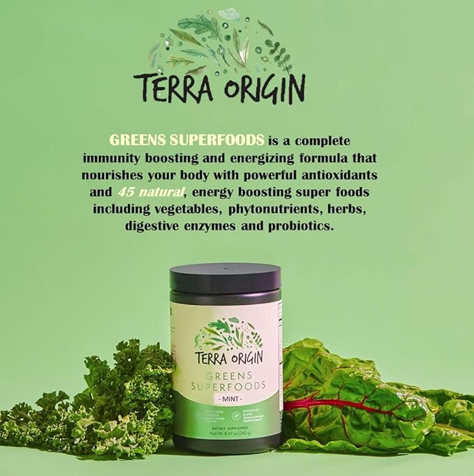 TERRA ORIGIN Superfoods Greens for Immune Defense and Digestive Support | with Spirulina, Probiotics, Organic Vegetables, Digestive Enzymes | Non-GMO | 30 Servings | Mint Flavor