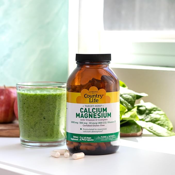 Country Life Target-Mins Calcium Magnesium with Vitamin D-Complex, 1000mg/500mg/10mcg, 240 Vegan Capsules, Certified Gluten Free, Certified Vegan, Verified Non-GMO Verified