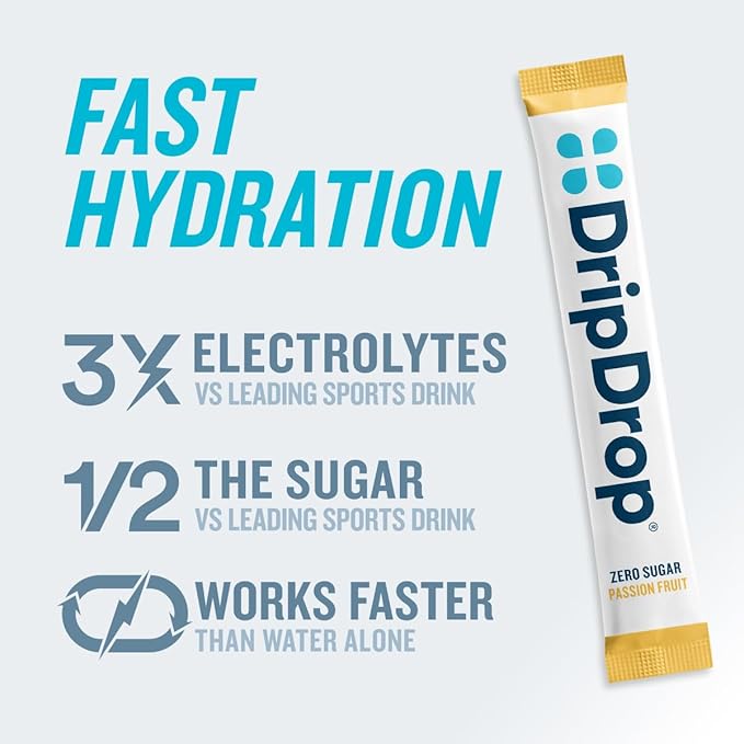 DripDrop Hydration - Zero Sugar Passion Fruit - Electrolyte Drink Mix Single Serve Hydration Powder Packets | Non-GMO, Gluten Free, Vegan | 32 Sticks