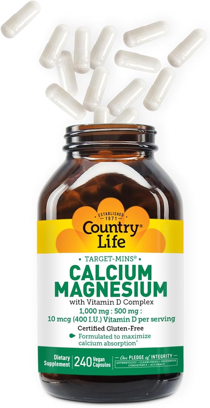 Country Life Target-Mins Calcium Magnesium with Vitamin D-Complex, 1000mg/500mg/10mcg, 240 Vegan Capsules, Certified Gluten Free, Certified Vegan, Verified Non-GMO Verified