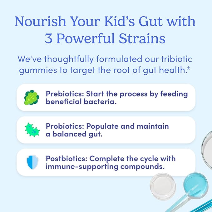 FIRST DAY Kids Probiotic Gummies - 3 in 1 Probiotics for Kids + Prebiotic & Postbiotic - Prebiotics & Probiotics for Digestive Health & Immune Support – Vegan, Gluten Free, 30-Day Supply