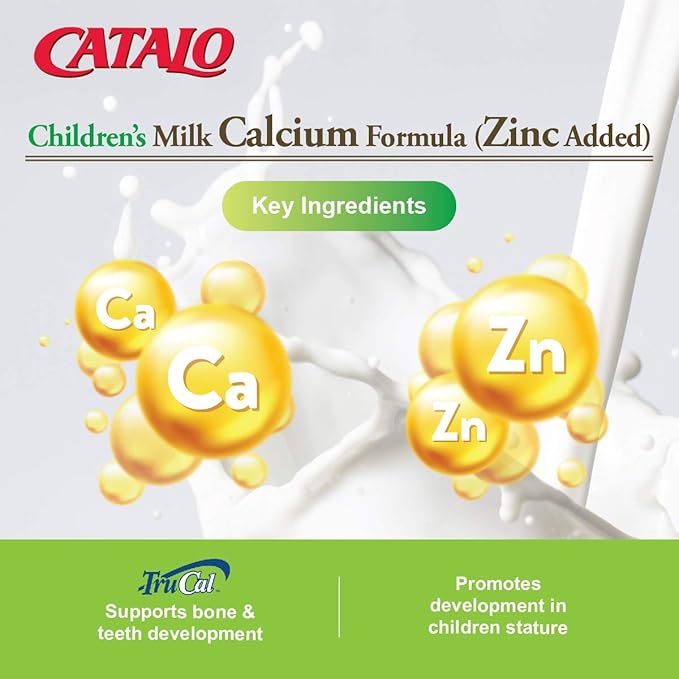 CATALO Children's Milk Calcium Formula with Zinc - 50 Bear-Shaped Chewable Tablets, Supports Bone Growth & Teeth Development, TruCal Calcium, Vanilla Flavor