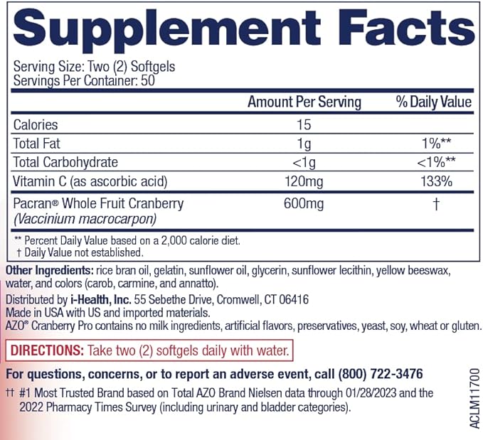 AZO Cranberry Pro, Cranberry Pills for Women & Men, 600mg Pacran, Made with Concentrated Whole Fruit Cranberry Powder to Help Cleanse and Protect The Urinary Tract*, Sugar Free, Non-GMO, 100 Softgels