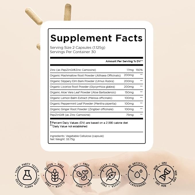 Daily Gut Health Supplement Capsules, Slippery Elm, Licorice Root, Marshmallow Root, Zinc Carnosine, Amino Acid & Plant Based Herbs for Digestive Health and Bloating Support, 60 Capsules