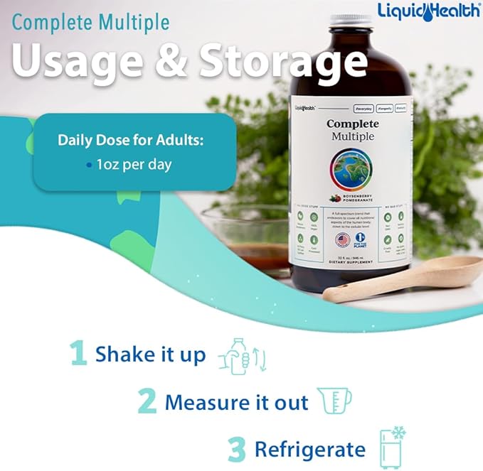 LIQUIDHEALTH Complete Multiple Adult Liquid Multivitamin - Essential Vitamins, Minerals & Nutrients, Immune Support, Gut Health, Energy, Detox - Great Taste, Vegan, Non-GMO, Sugar-Free (32 oz)
