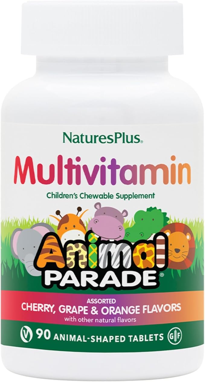 Natures Plus Animal Parade Children's Chewable Multivitamin - 90 Animal-Shaped Tablets - Natural Assorted Flavors - Vegan, Gluten Free - 45 Servings