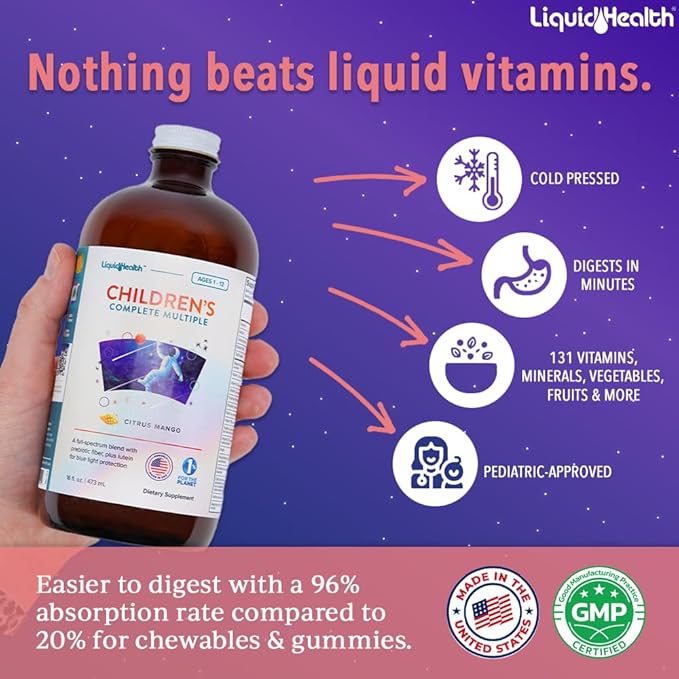LIQUIDHEALTH Children's Complete Liquid Multivitamin for Kids, Toddlers - Essential Vitamins, Nutrients & Minerals, Immune Support, Gut Health - Great Taste, Vegan, Non GMO, Sugar-Free (16 oz)