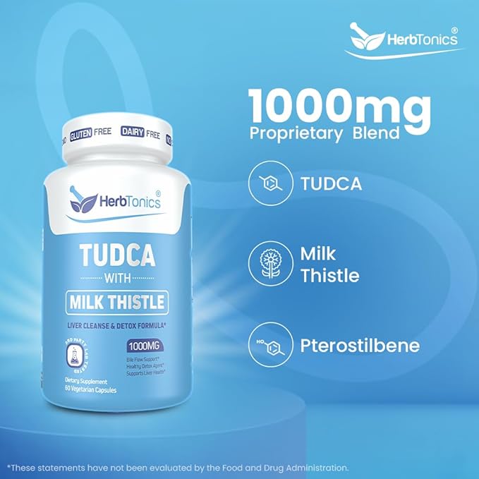 Herbtonics TUDCA & Milk Thistle 1000mg | Liver Cleanse, Detox & Repair Supplement | Bile Salts for Gallbladder Support & Liver Health | Pterostilbene Enhanced Tudca Supplement | 60 Vegan Capsules
