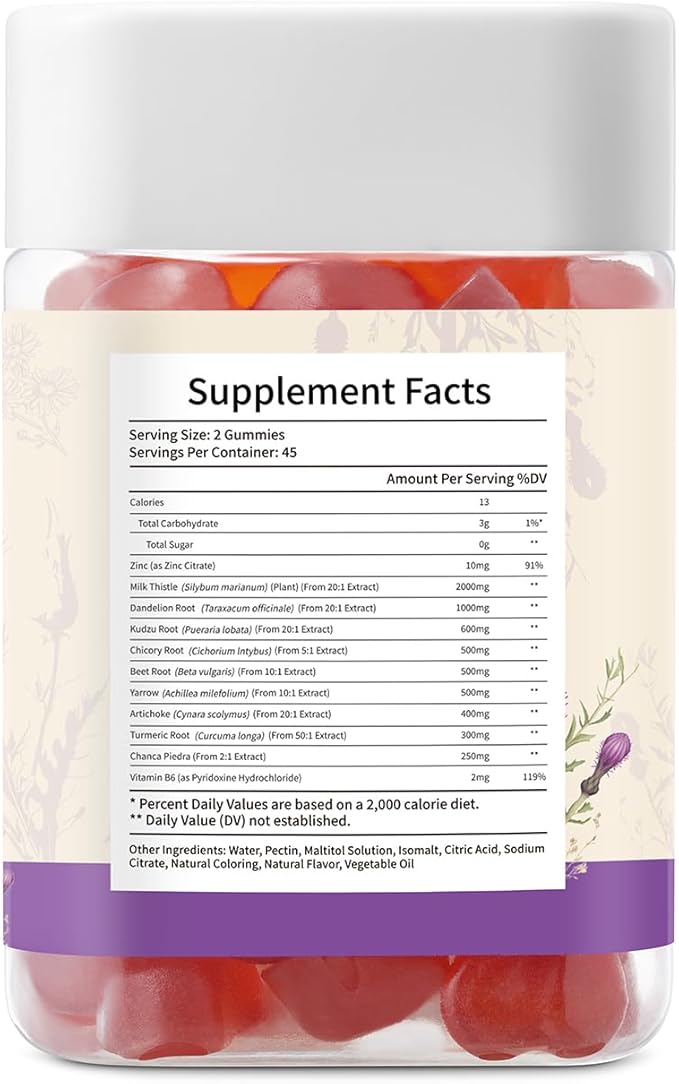Milk Thistle Gummies with 2000MG Extract, Liver Health Support Gummies, Silymarin Milk Thistle Supplement with Artichoke, Dandelion, Turmeric Curcumin, No Sugar, for Adults, Vegan, 90 Count