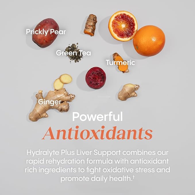 Hydralyte Liver Support + Electrolyte Mix with Milk Thistle, Turmeric, Ginger, Prickly Pear, Green Tea Extract Formulated for Rapid Rehydration (Peach Passion Ginger, 20 Packets)