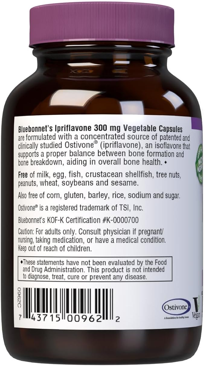 BlueBonnet Nutrition Ipriflavone 300mg – for Bone Health* – Ostivone Source - Non-GMO, Vegan, Kosher Certified, Gluten-Free, Soy-Free, Dairy-Free – 60 Vegetable Capsules, 60 Servings