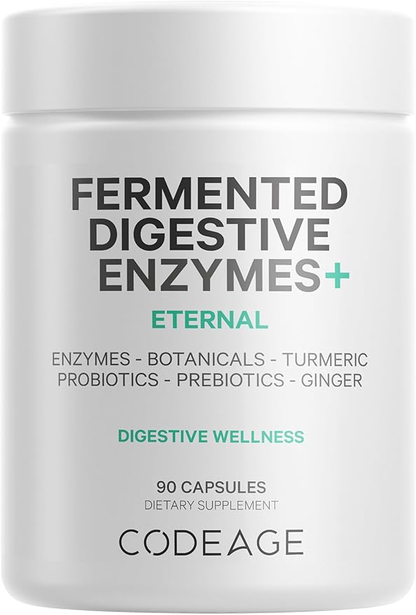 Codeage Fermented Digestive Enzymes Supplement 3-Month Supply - 14 Digestive Enzymes, Probiotics, Prebiotics, Fermented Botanicals, Plant-Based Multi Pancreatic Enzymes - 1 Capsule a Day - 90 Capsules