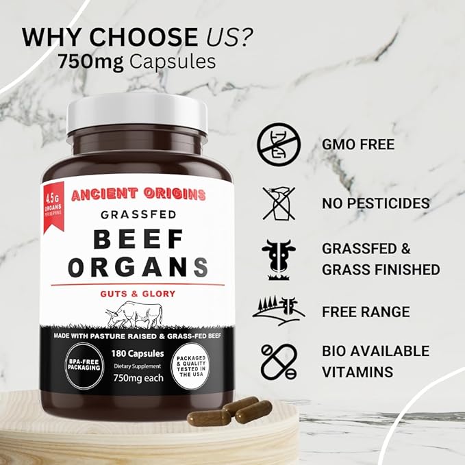 Ancient Origins Grass Fed Beef Organs Supplement 4500mg - Desiccated Liver, Bone Marrow, Heart, Spleen, Pancreas & Kidney, Non-GMO, Gluten Free, Undefatted (180 Capsules, 750mg Each)