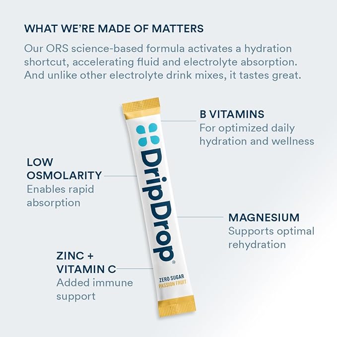 DripDrop Hydration - Zero Sugar Passion Fruit - Electrolyte Drink Mix Single Serve Hydration Powder Packets | Non-GMO, Gluten Free, Vegan | 32 Sticks