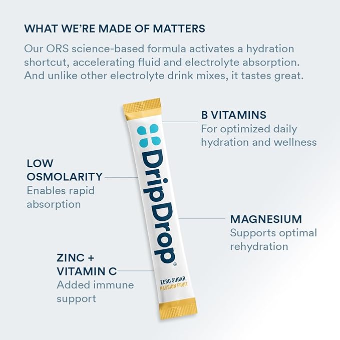 DripDrop Hydration - Zero Sugar Passion Fruit - Electrolyte Drink Mix Single Serve Hydration Powder Packets | Non-GMO, Gluten Free, Vegan | 32 Sticks