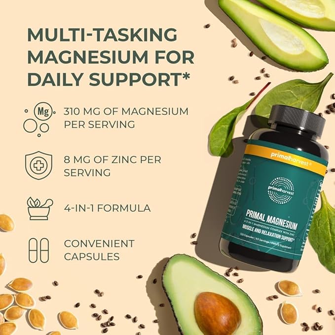 Magnesium Supplement Complex 310mg by Primal Harvest with Magnesium Glycinate, Citrate, Malate, and Zinc 120 Capsules