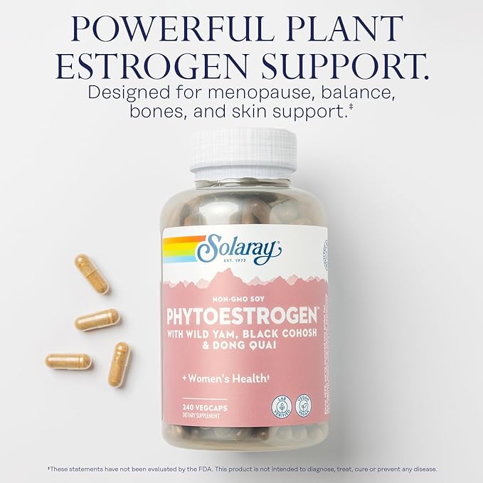 SOLARAY PhytoEstrogen Menopause Supplements - Wild Yam, Black Cohosh, and Dong Quai Estrogen Pills for Women's Health - Vegan, Lab Verified, 60-Day Guarantee (60 Servings, 240 VegCaps)
