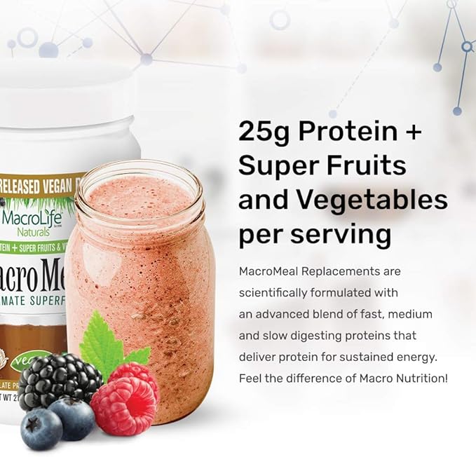 MacroLife Naturals MacroMeal Vegan Chocolate Protein Powder Superfood Greens Probiotics + Fiber, Immune Energy Digestive Daily Essentials for Women & Men Gluten-Free - 23.8oz (15 Servings)